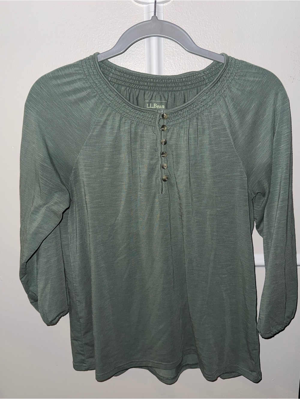 L.L. Bean Olive Green Women's Button-Front Peasant Henley